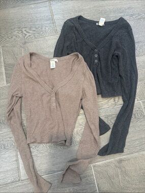 Fashion Nova Long Sleeve Henley Top Duo - Taupe and Charcoal